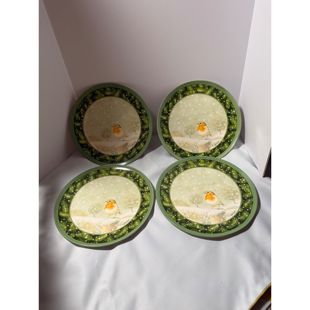 Marjolein Bastin Hallmark Winter Robin Melamine Plates Set of 4 Green 8 inch